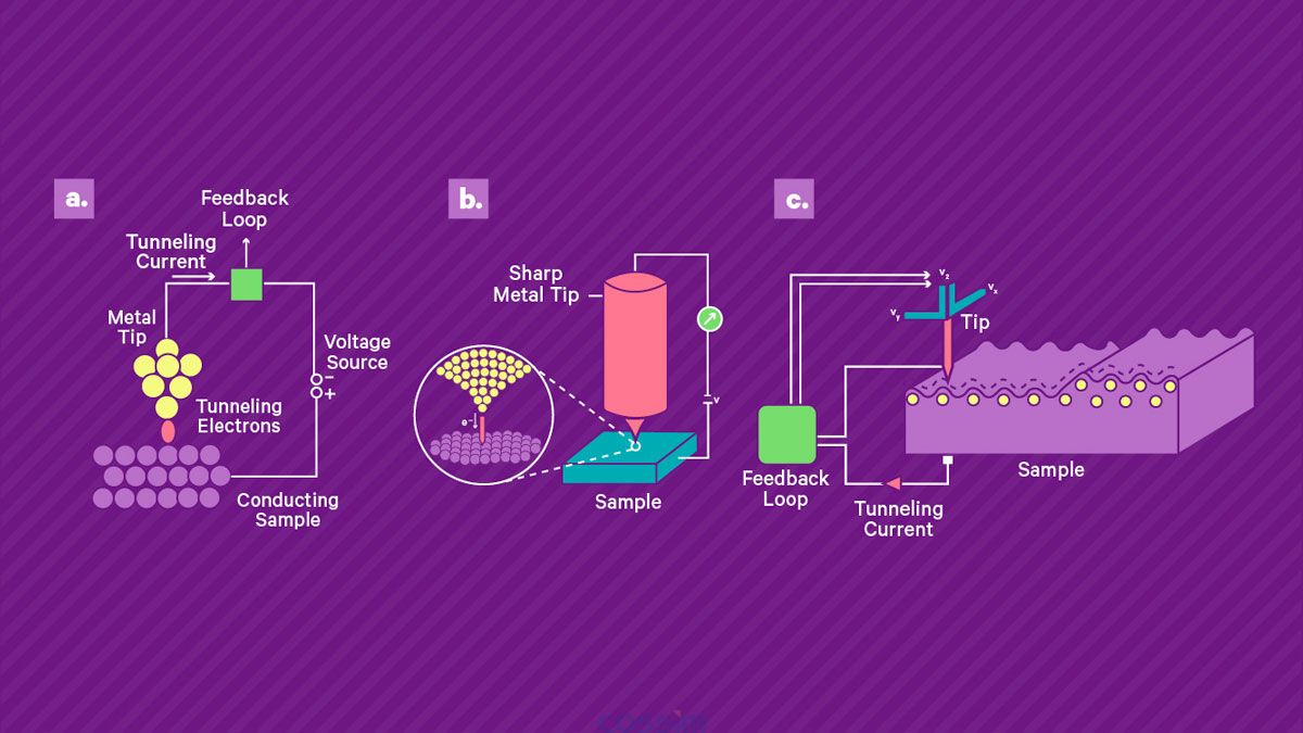 掃描隧道顯微鏡的工作原理。 a) 將鋒利的導(dǎo)電尖端靠近導(dǎo)電樣品表面并施加偏置電壓，從而產(chǎn)生穿過(guò)間隙的小隧道電流。 該電流由高增益放大器讀出。 b) 壓電掃描系統(tǒng)用于控制尖端與表面的分離并在表面上掃描尖端。 當(dāng)尖端保持在恒定高度時(shí)，電流幅度可用作尖端表面分離的直接測(cè)量，從而實(shí)現(xiàn)地形成像。 或者，可以使用反饋回路通過(guò)改變定位系統(tǒng)的控制電壓來(lái)保持恒定電流，該控制電壓被記錄下來(lái)并產(chǎn)生樣品上的形貌和電子密度的測(cè)量值。